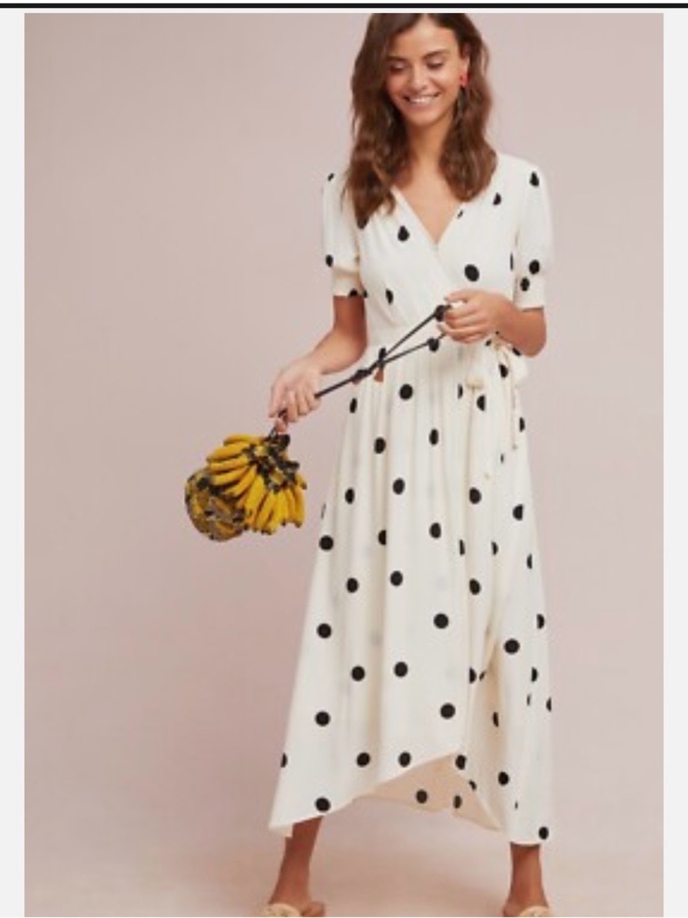 Anthropologie Maeve Breanna Cream Wrap Midi Dress with Black Polka Dots